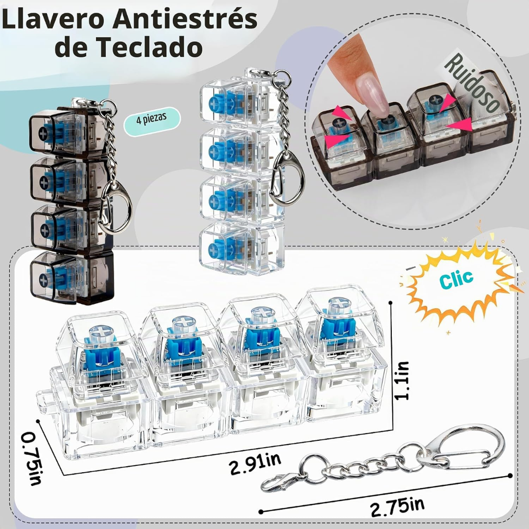 Llavero Antiestrés de Teclado Mecánico - Juguete Fidget con 4 Interruptores Clicky para Aliviar el Estrés